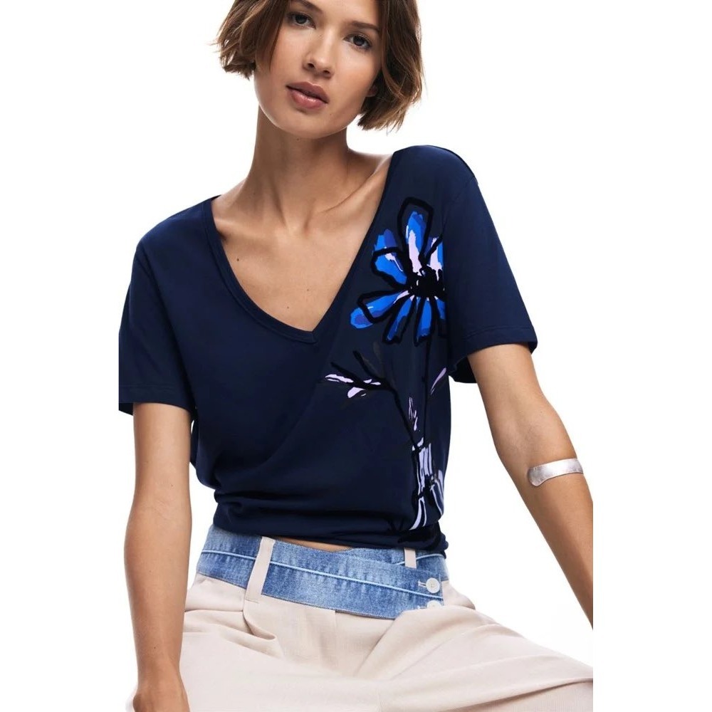 Desigual Navy Blue Floral Graphic V-Neck Short Sleeve T-Shirt Size Small